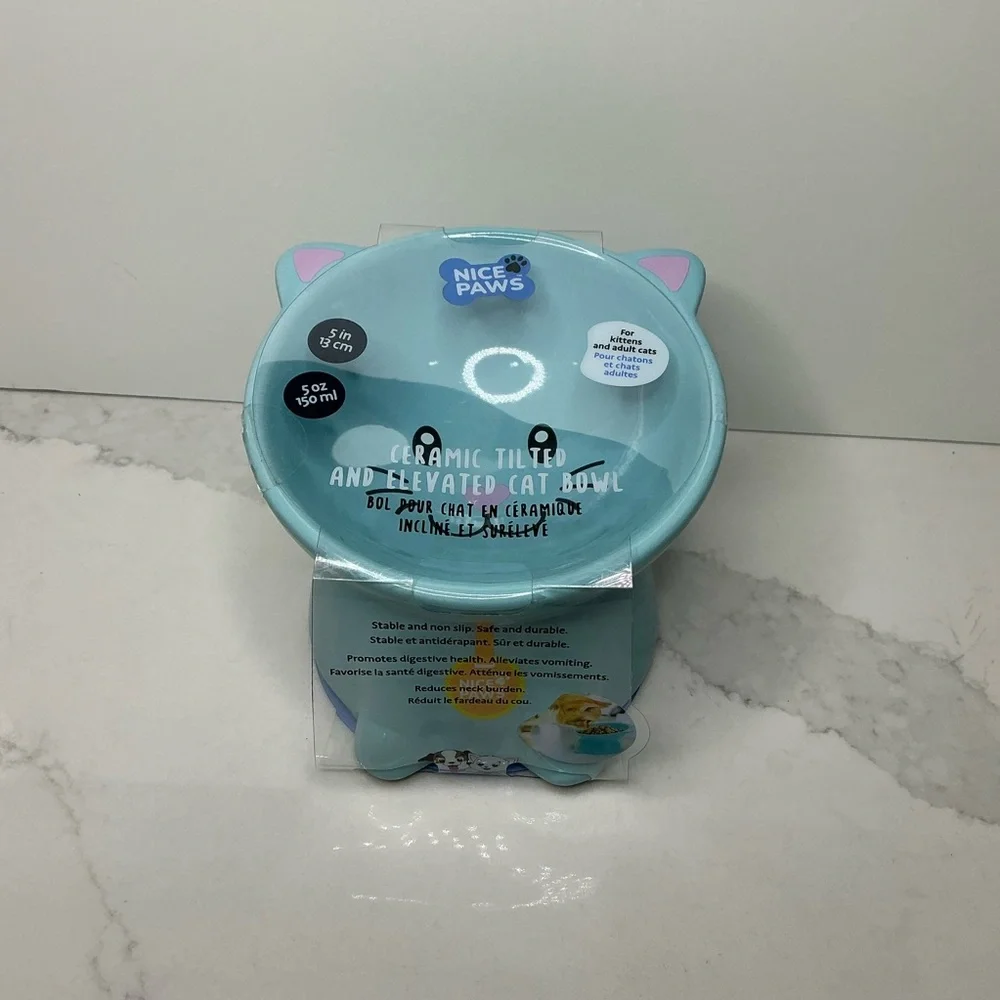 Teal Cat Ceramic Pet Bowl - Cute Heart Nose Design Elevated new